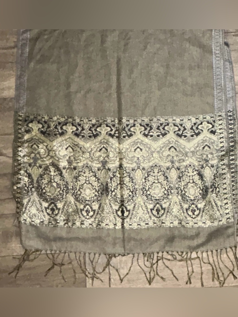 Olive Green Paisley Pashmina Shawl Oversize Boho Fringe Wrap Damask Border 56x34